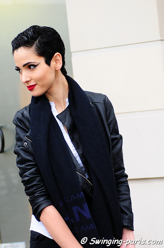 Hanaa Ben Abdesslem exiting Jean Paul Gaultier Spring Couture show, Paris Fashion Week, January 2011