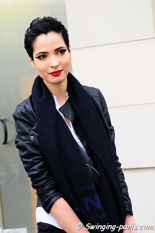 Hanaa Ben Abdesslem exiting Jean Paul Gaultier Spring Couture show, Paris Fashion Week, January 2011
